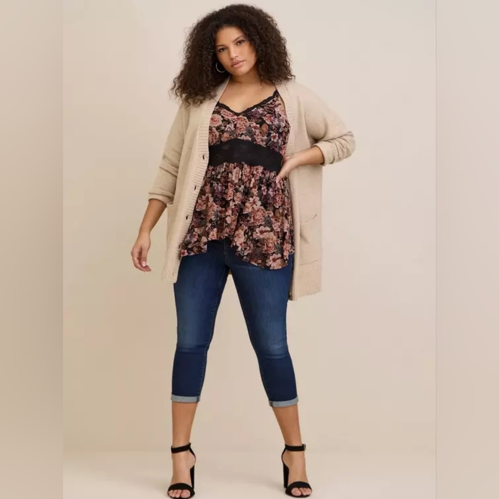 Torrid Top Gauze Floral Babydoll Sleeveless Black Lace Inset Ruffle Size 00 NEW
